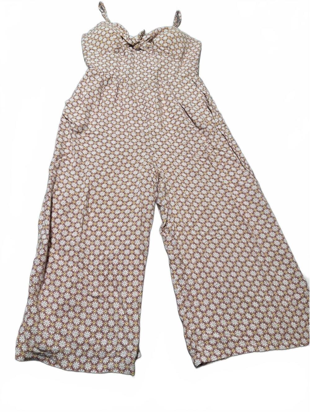 A.U.W Jumpsuit Womens L Brown Yellow Floral Wide Leg Sweetheart Tie-Neck Boho